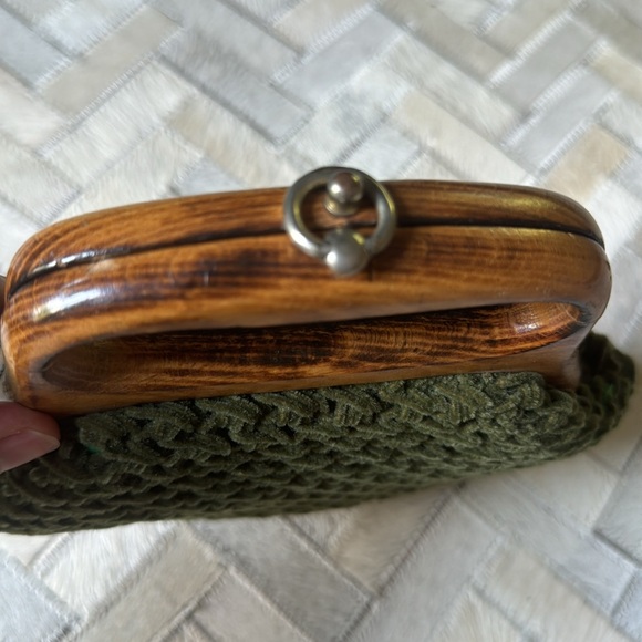 Vintage Contessa velvety chenille woven lined bag w/ wooden handle from Japan - Picture 2 of 9